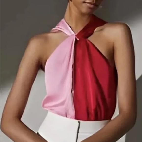PORTMANS Spliced Pink Red Satin Halter Neck Top Blouse NWT - Picture 3 of 11